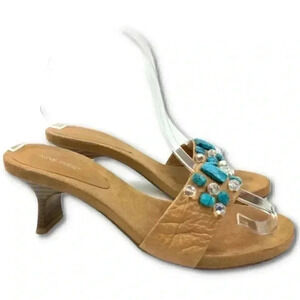 Nine West heels Nwatley 6.5 tan leather gem mules minimalist Y2k 2000s Barbie